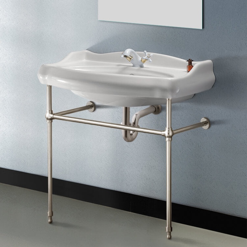 1837 Traditional Ceramic Console Sink With Satin Nickel Stand HX534490351