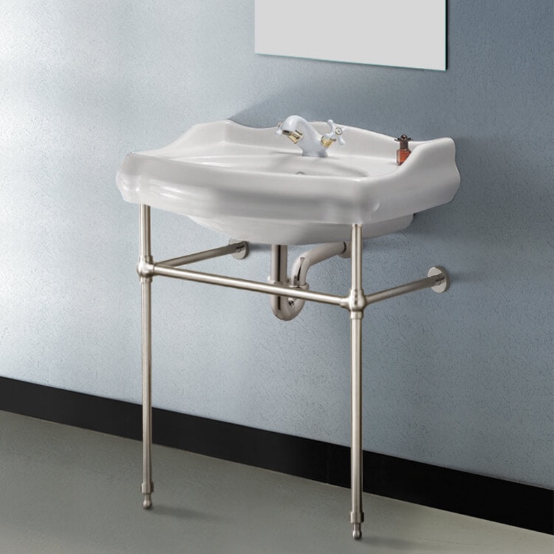 1837 Traditional Ceramic Console Sink With Satin Nickel Stand HX534490401