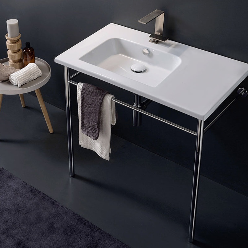 Etra Rectangular Ceramic Console Sink and Polished Chrome Stand HX534490332