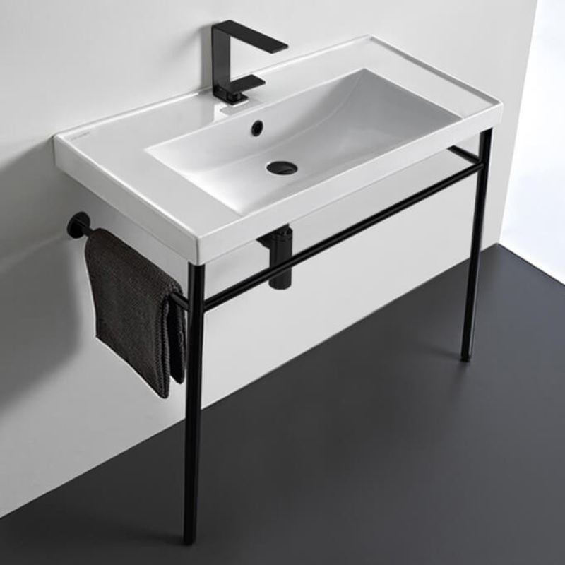 ML Rectangular Ceramic Console Sink and Matte Black Stand HX534490314