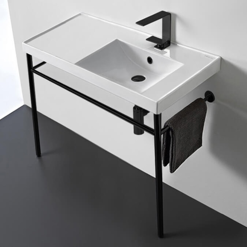 ML Rectangular Ceramic Console Sink and Matte Black Stand HX534490343