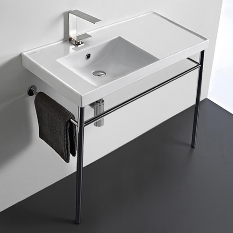 ML Rectangular Ceramic Console Sink and Polished Chrome Stand HX534490288