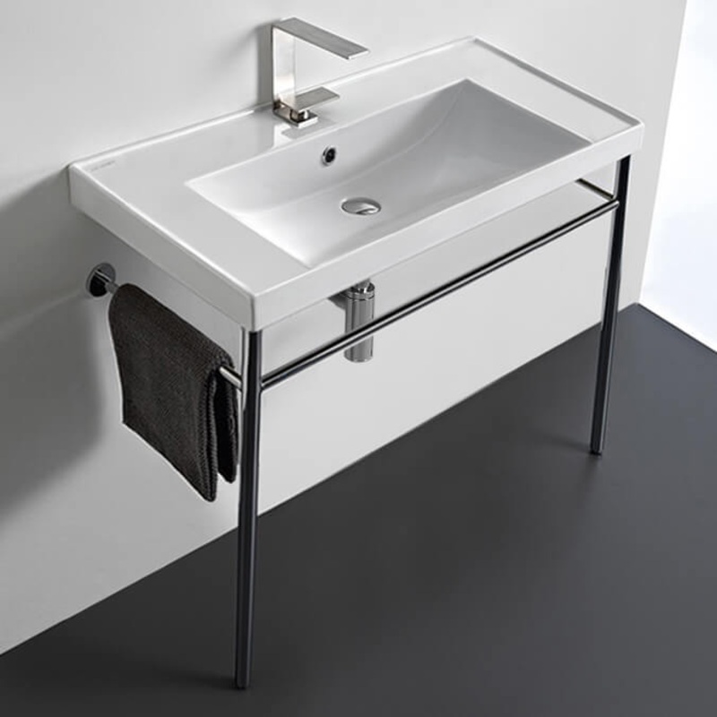 ML Rectangular Ceramic Console Sink and Polished Chrome Stand HX534490289