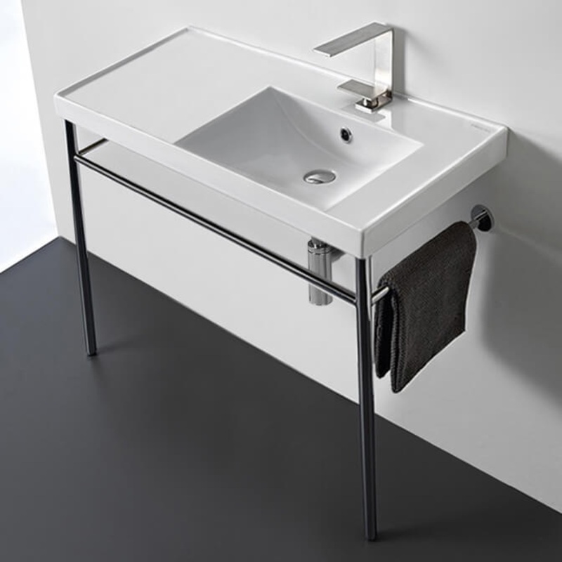 ML Rectangular Ceramic Console Sink and Polished Chrome Stand HX534490340
