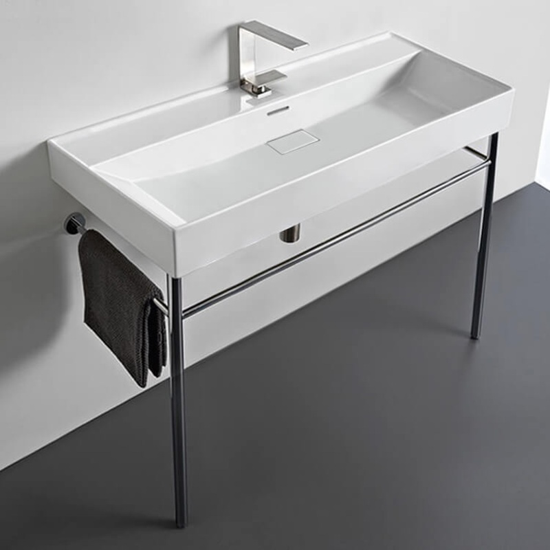 Rectangular White Ceramic Console Sink and Polished Chrome Stand