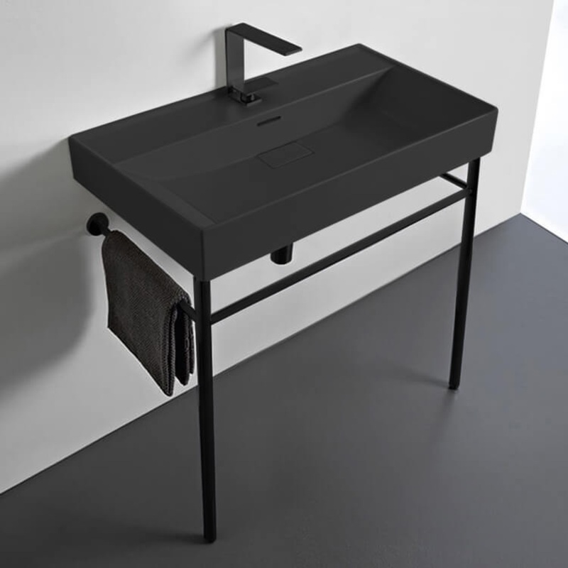 Sharp Rectangular Matte Black Ceramic Console Sink and Matte Black Stand HX534490329