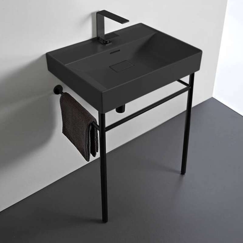 Sharp Rectangular Matte Black Ceramic Console Sink and Matte Black Stand HX534490398