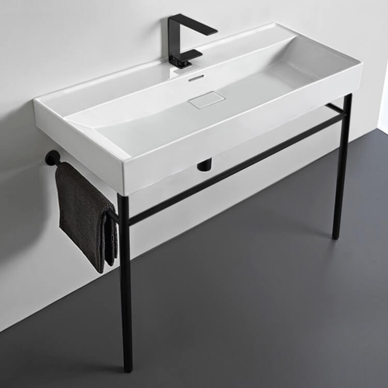 Sharp Rectangular White Ceramic Console Sink and Matte Black Stand HX534490344