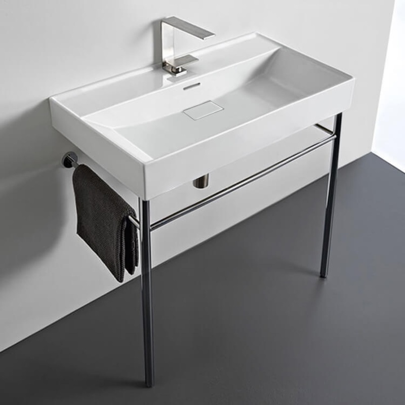 Sharp Rectangular White Ceramic Console Sink and Polished Chrome Stand HX534490377