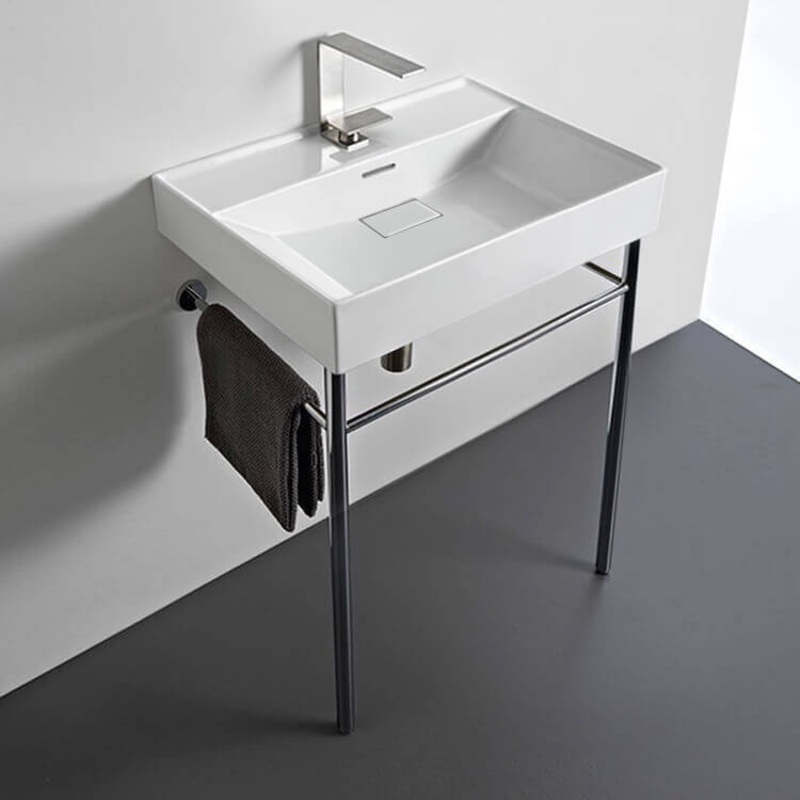 Sharp Rectangular White Ceramic Console Sink and Polished Chrome Stand HX534490409