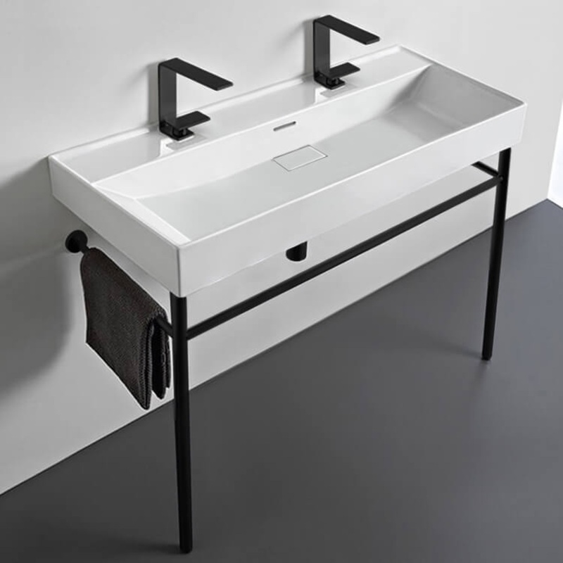 Sharp Trough White Ceramic Console Sink and Matte Black Stand HX534490298