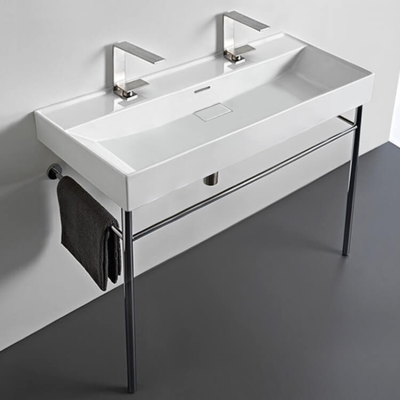 Sharp Trough White Ceramic Console Sink and Polished Chrome Stand HX534490305