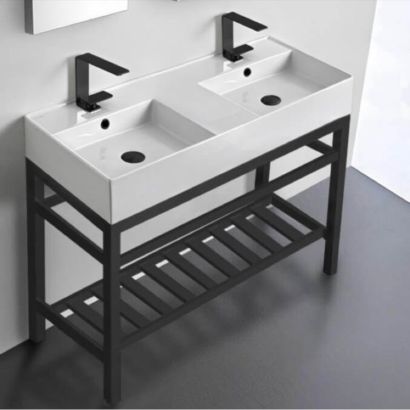 Teorema 2 Double Ceramic Console Sink With Matte Black Stand HX534490379