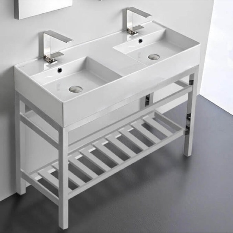 Teorema 2 Double Ceramic Console Sink With Polished Chrome Stand HX534490359