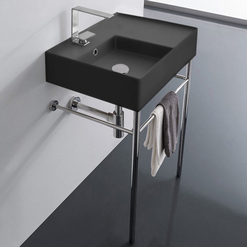 Teorema 2 Matte Black Ceramic Console Sink and Polished Chrome Stand HX534490299