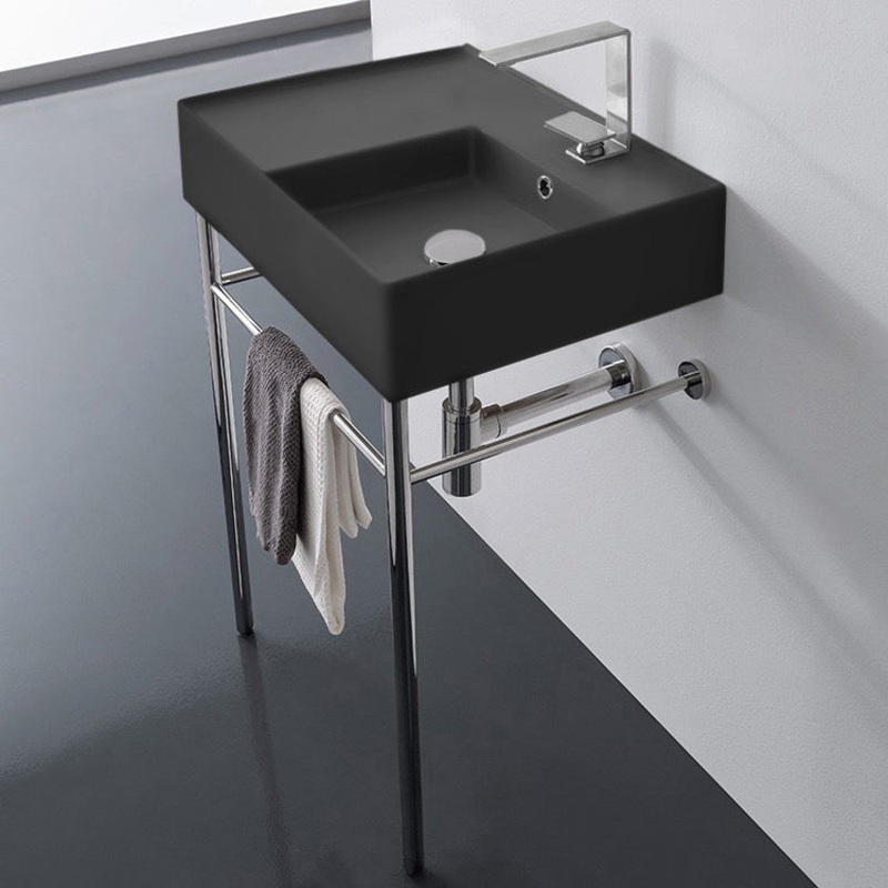 Teorema 2 Matte Black Ceramic Console Sink and Polished Chrome Stand HX534490304
