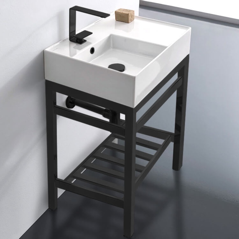 Teorema 2 Modern Ceramic Console Sink With Counter Space and Matte Black Base HX534490392