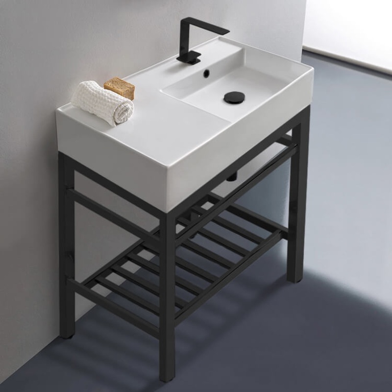 Teorema 2 Modern Ceramic Console Sink With Counter Space and Matte Black Base HX534490393