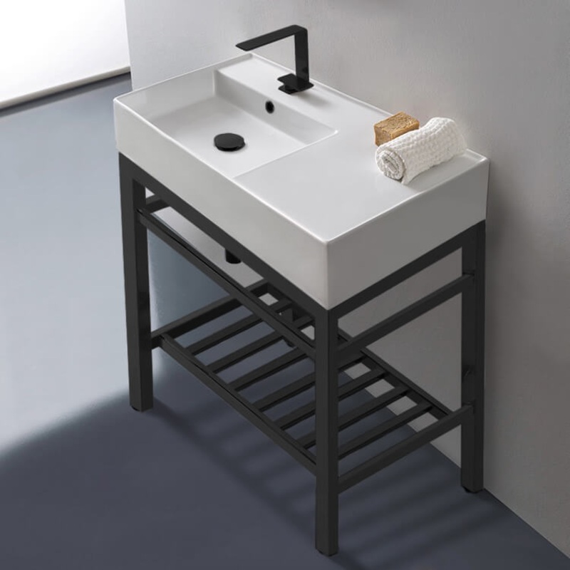 Teorema 2 Modern Ceramic Console Sink With Counter Space and Matte Black Base HX534490424
