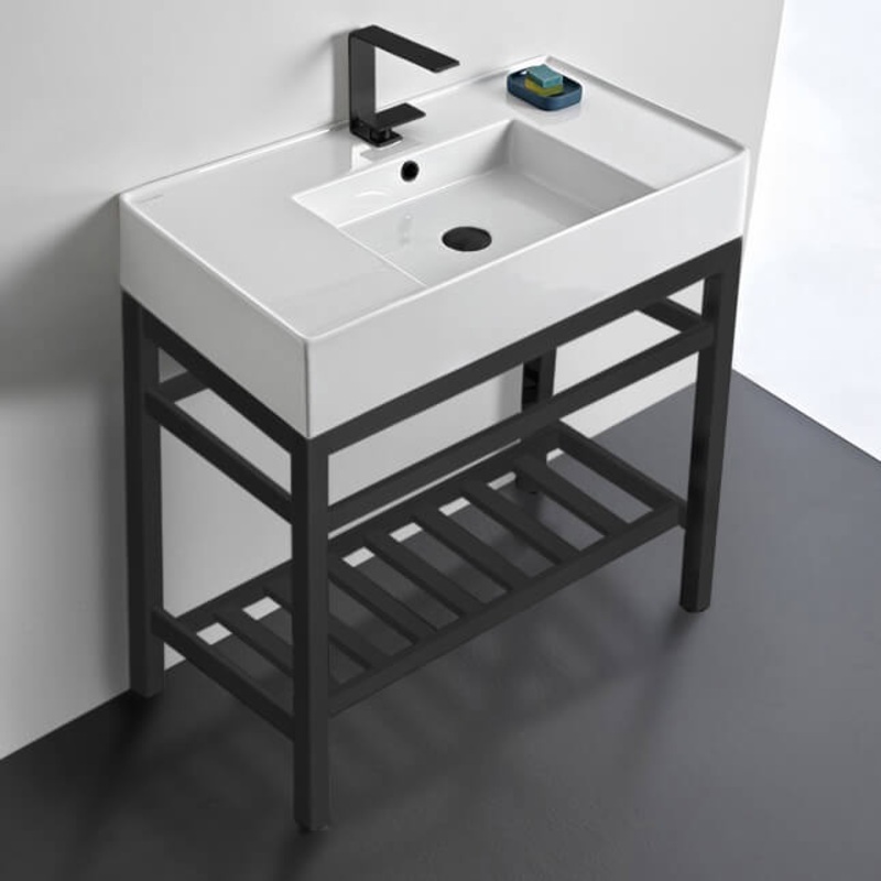 Teorema 2 Modern Ceramic Console Sink With Counter Space and Matte Black Base HX534490435