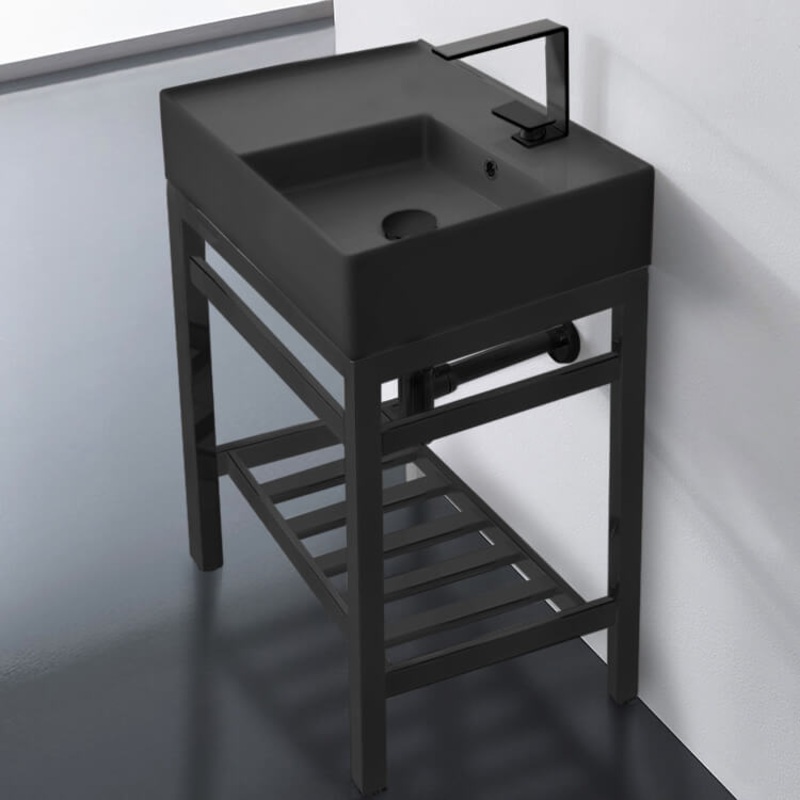 Teorema 2 Modern Matte Black Ceramic Console Sink and Matte Black Base HX534490292