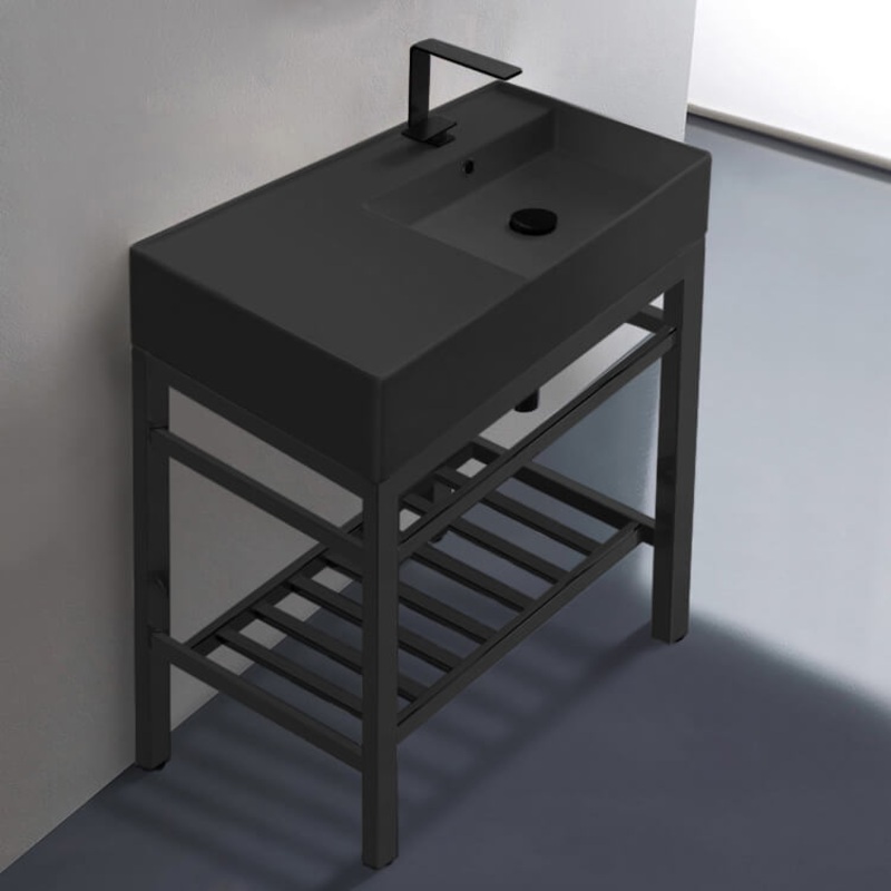 Teorema 2 Modern Matte Black Ceramic Console Sink and Matte Black Base HX534490308
