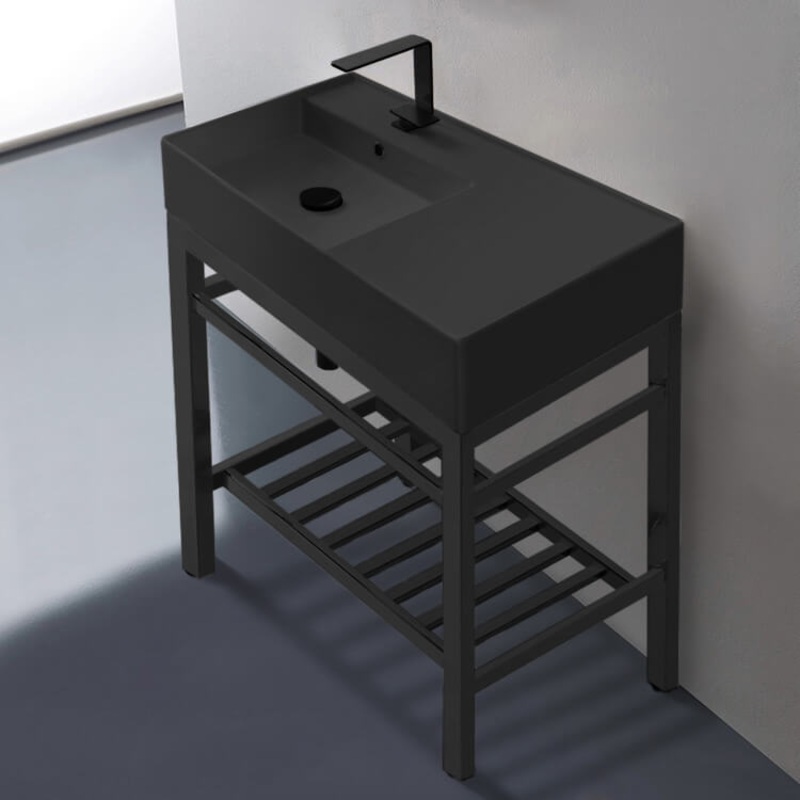 Teorema 2 Modern Matte Black Ceramic Console Sink and Matte Black Base HX534490336