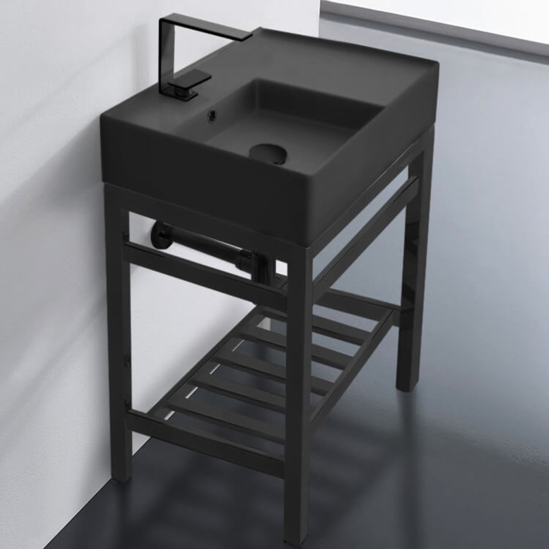 Teorema 2 Modern Matte Black Ceramic Console Sink and Matte Black Base HX534490350