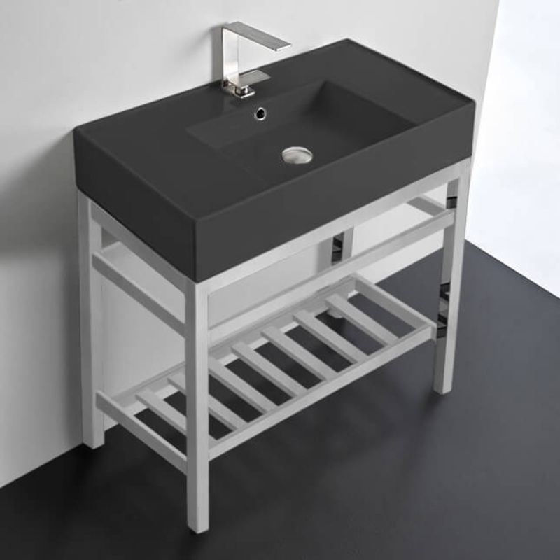 Teorema 2 Modern Matte Black Ceramic Console Sink and Polished Chrome Base HX534490296