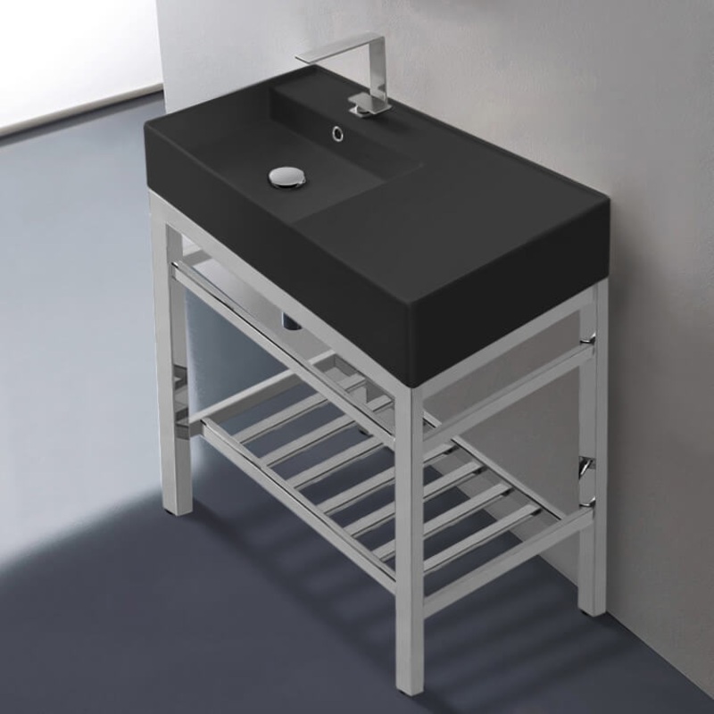 Teorema 2 Modern Matte Black Ceramic Console Sink and Polished Chrome Base HX534490306