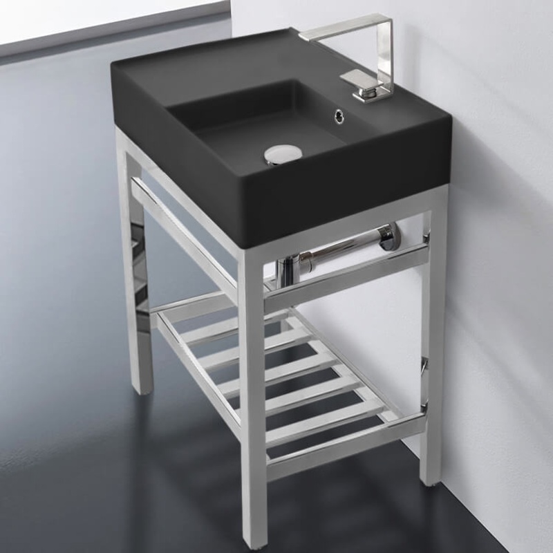 Teorema 2 Modern Matte Black Ceramic Console Sink and Polished Chrome Base HX534490322
