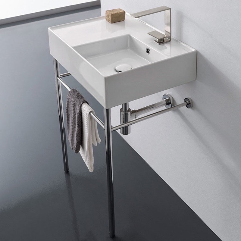 Teorema 2 Rectangular Ceramic Console Sink and Polished Chrome Stand HX534490383