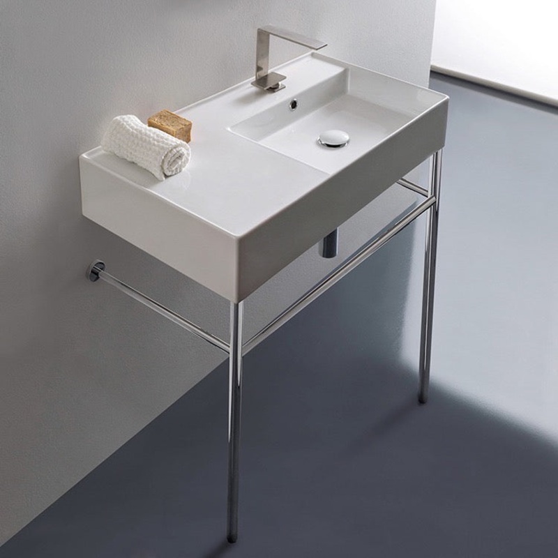 Teorema 2 Rectangular Ceramic Console Sink and Polished Chrome Stand HX534490394