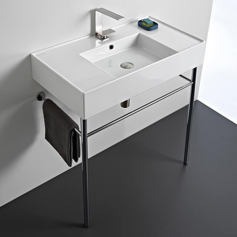 Teorema 2 Rectangular Ceramic Console Sink and Polished Chrome Stand HX534490407