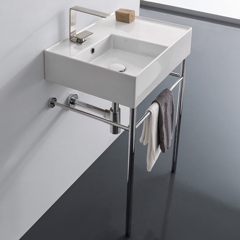 Teorema 2 Rectangular Ceramic Console Sink and Polished Chrome Stand HX534490420