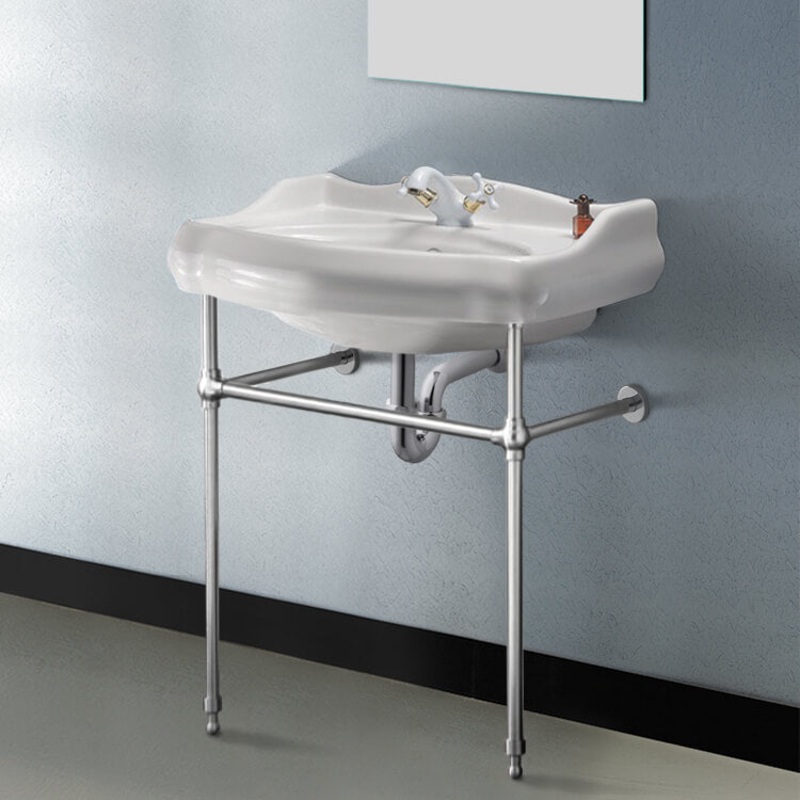 1837 Traditional Ceramic Console Sink With Chrome Stand HX534490281
