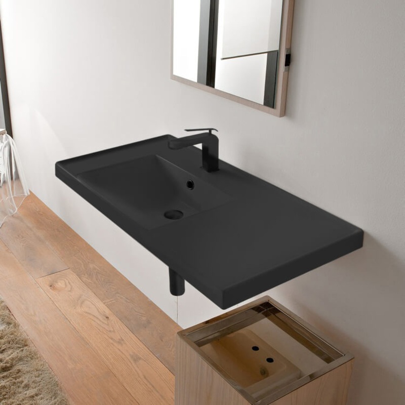 ML Rectangular Matte Black Ceramic Wall Mounted Bathroom Sink HX534488930