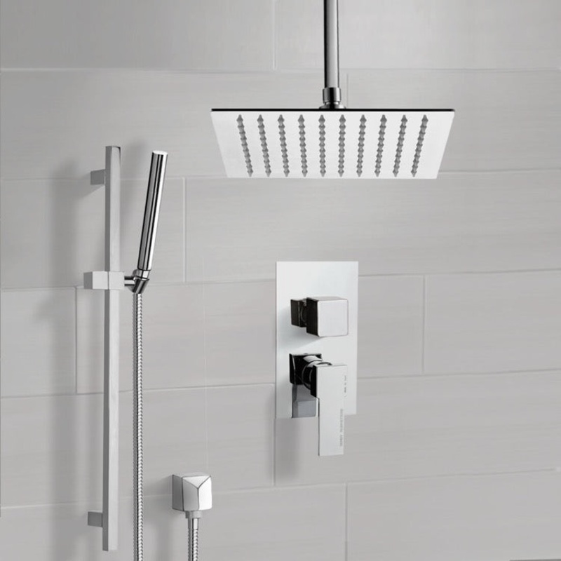 Rendino Chrome Ceiling Shower System With Rain Shower Head and Hand Shower