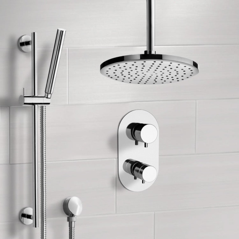 Rendino Chrome Thermostatic Shower System with 8 Rain Ceiling Shower Head and Hand Shower
