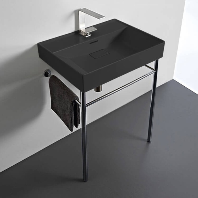 Sharp Rectangular Matte Black Ceramic Console Sink and Polished Chrome Stand HX534490269