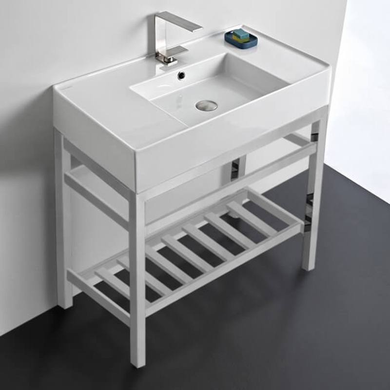 Teorema 2 Modern Ceramic Console Sink With Counter Space and Chrome Base HX534488931
