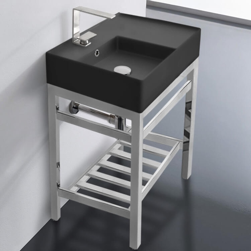 Teorema 2 Modern Matte Black Ceramic Console Sink and Polished Chrome Base HX534488911
