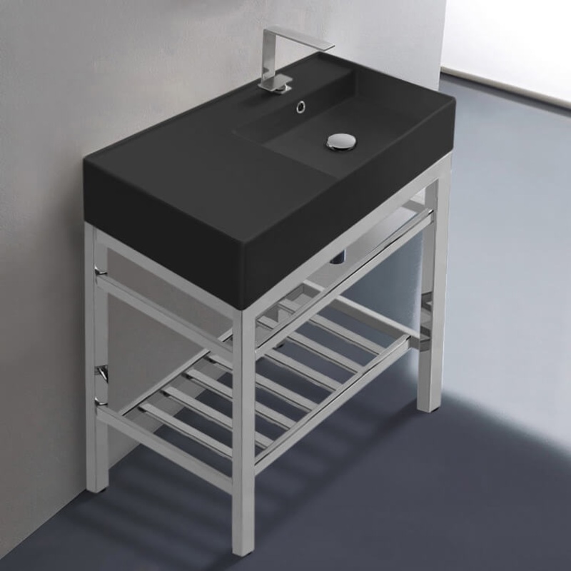 Teorema 2 Modern Matte Black Ceramic Console Sink and Polished Chrome Base HX534488912