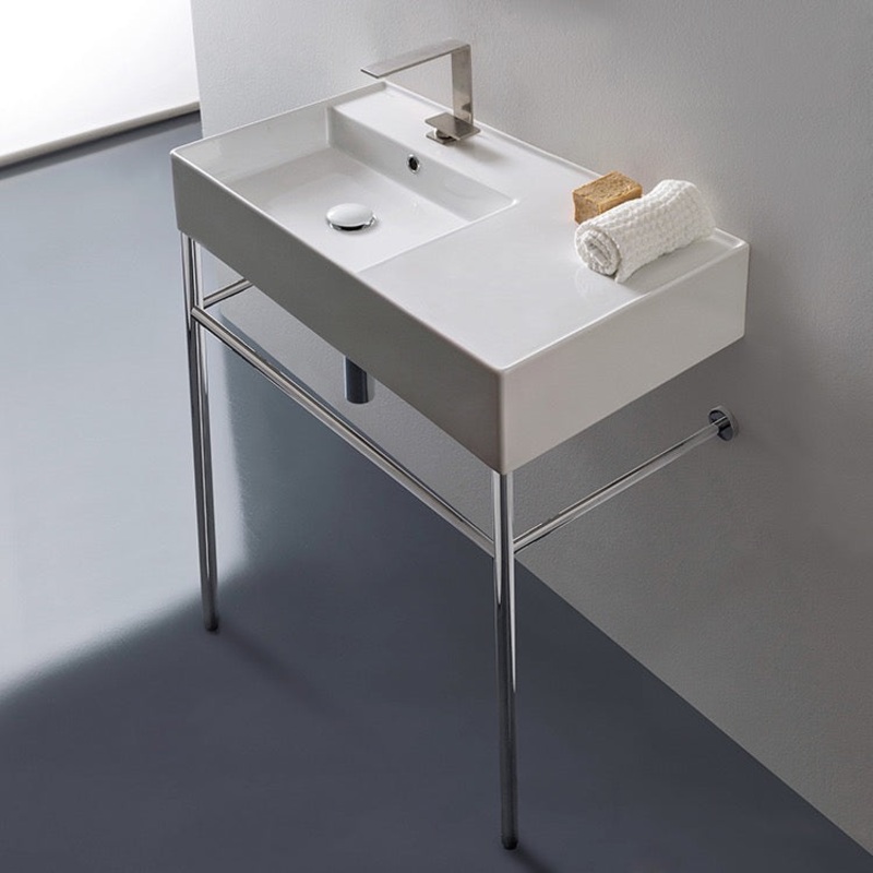 Teorema 2 Rectangular Ceramic Console Sink and Polished Chrome Stand HX534490275