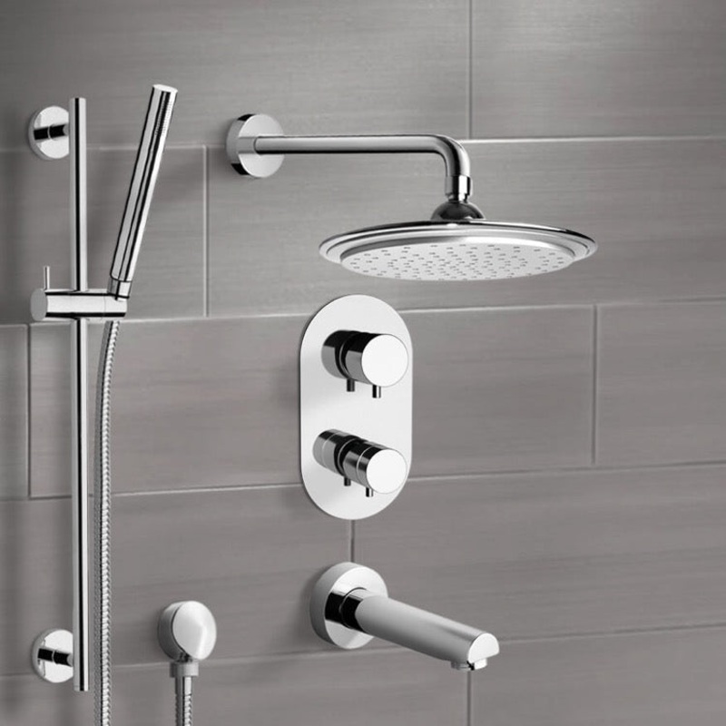 Galiano Chrome Thermostatic Tub and Shower System with 9 Rain Shower Head and Hand Shower