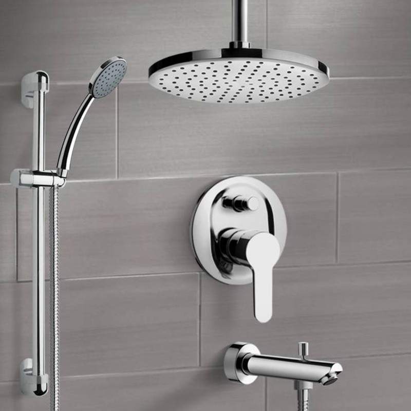 Galiano Chrome Tub and Shower Faucet Set with Rain Ceiling Shower Head and Hand Shower