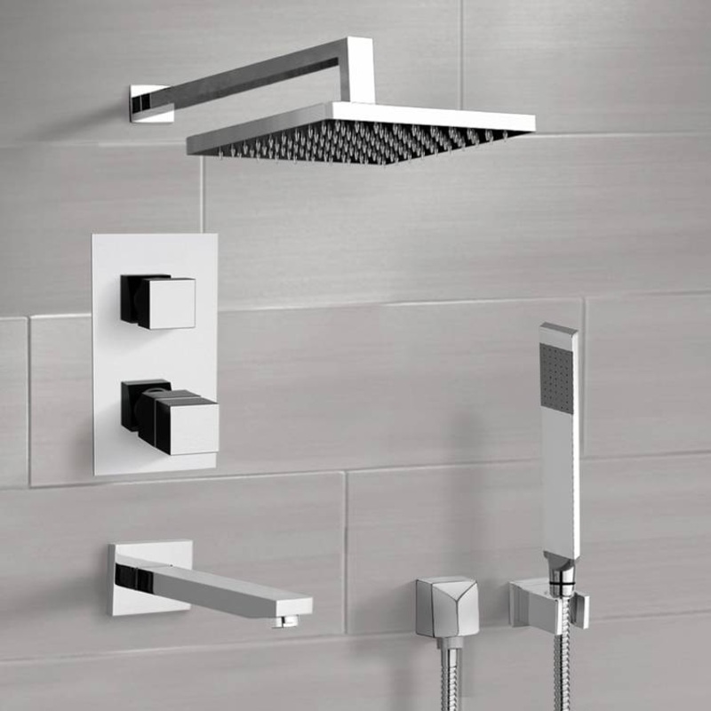 Tyga Chrome Thermostatic Tub and Shower Faucet Set with Rain Shower Head and Hand Shower