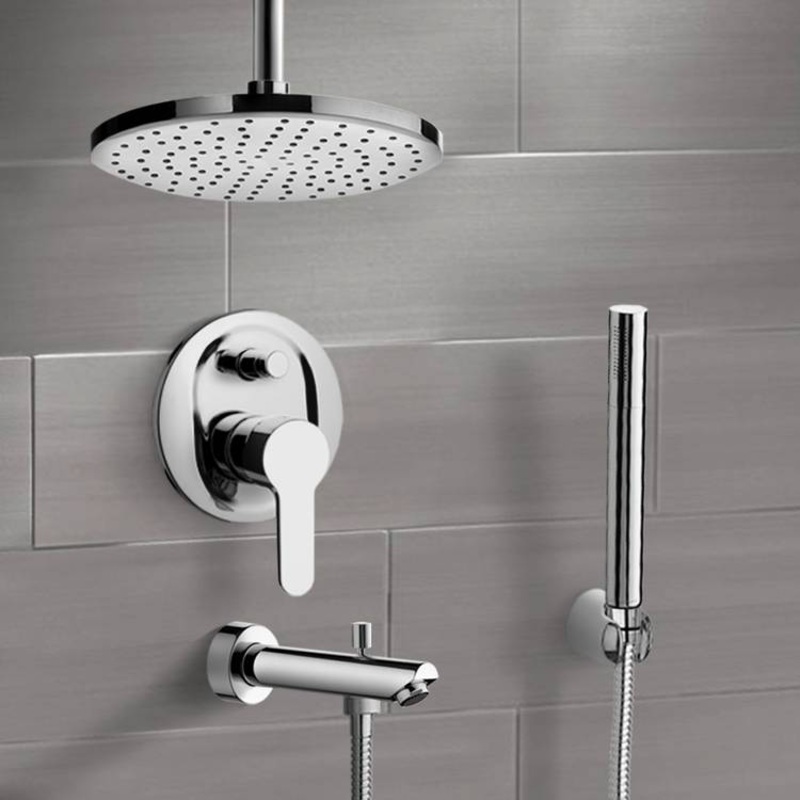 Tyga Chrome Tub and Shower Faucet Set with Rain Ceiling Shower Head and Hand Shower