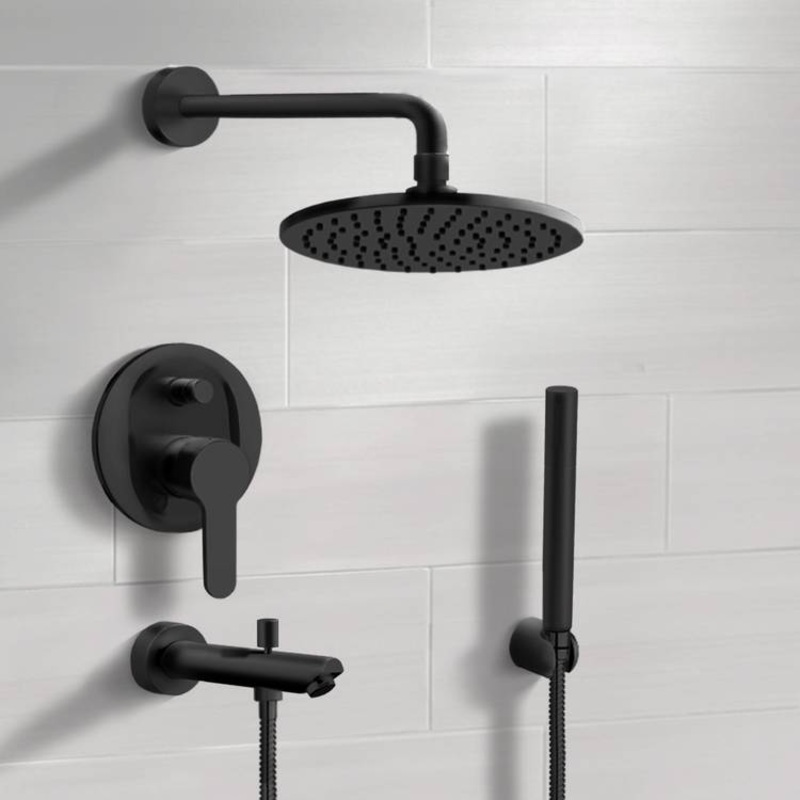 Tyga Matte Black Tub and Shower Faucet With 8 Rain Shower Head and Hand Shower