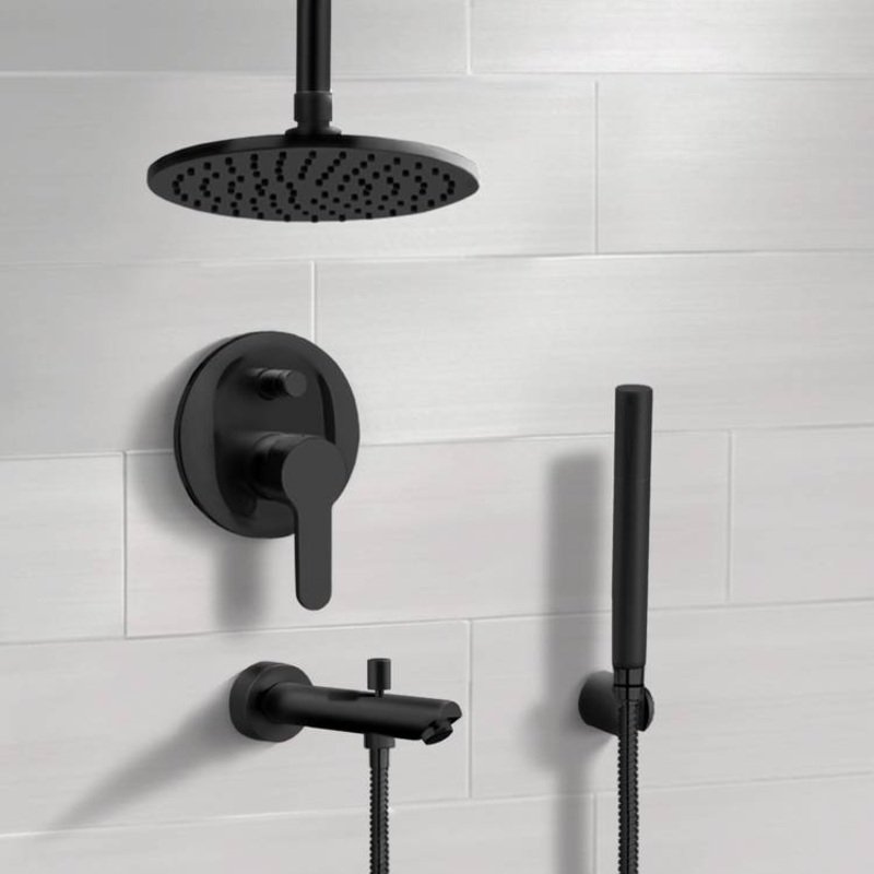 Tyga Matte Black Tub and Shower Set with 8 Rain Ceiling Shower Head and Hand Shower